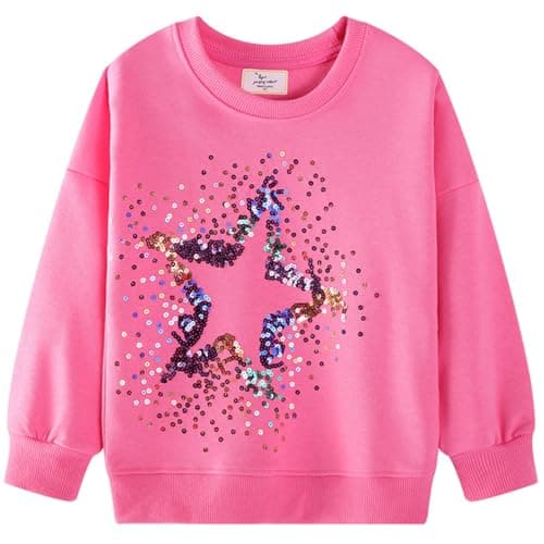 Image of DHASIUE Kids Girls Star Sequin Sweatshirt Crewneck Cotton Jumper Long Sleeve Top Tee Shirts Pullover Toddler Clothes Age 6-7 Years