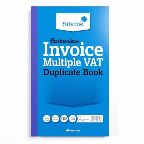 Image of Silvine Carbonless Duplicate Multiple VAT Invoice Book - Numbered 1-100 with index sheet (210 x 127mm)