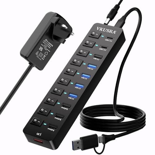 Image of Powered USB 3.2 Hub, VKUSRA 11-Port USB C Hub with 10Gbps USB-A and 2 USB C 3.2 Data Ports + 4 USB 3.0 Ports + 4 Charging Ports, All in One USB Splitter with 3.9ft USB Cable and 12V Power Supply