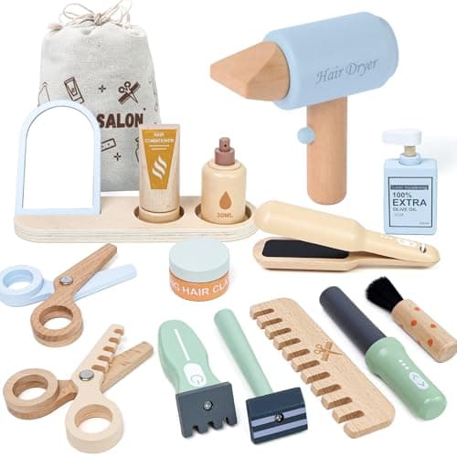 Image of FIIOEOY Wooden Hairdresser Set for Kids Role Play Toys Kids Barber Shop Playset Hairdressing Set, Educational Montessori Hair Salon Pretend Play Kit Gift for 3 4 5 Year Olds Boys Girls