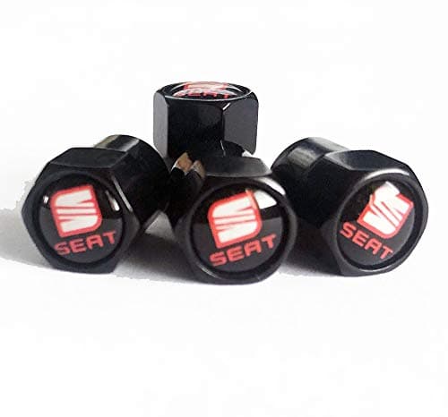 Image of SEAT Black Wheel Tyre Valve Dust Caps Covers Set x4 Chrome Metal Leon Cupra Ibiza FR Arona Ateca Mii Tarraco Altea Arosa Exeo