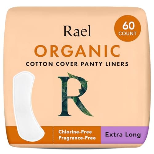 Image of Rael Organic Cotton Cover Panty Liners for Women - Light Absorbency, Vegan, Cruelty Free, Hypoallergenic, Unscented, Chlorine Free, Bulk Buy (Extra Long, 60 Count)