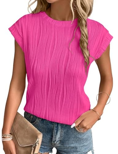 Image of Gemulate Womens Summer Tops Trendy Short Sleeve Blouses Crewneck Knit Solid Loose Casual Work Shirts Tee Hot Pink M