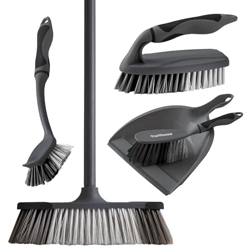 Image of OurHouse 5 Piece Cleaning Set, Features Five Essential Cleaning Tools Including Dustpan & Brush, Long Handle Broom, Washing Up Brush, and Handheld Scrubber, Kitchen Lobby Floor, Any Room in the House