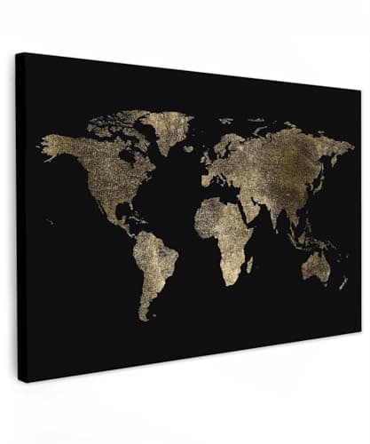 Image of MuchoWow© Canvas Wall Art 35"x24" / 90x60 cm Decor Paintings Print framed on Canvas Pictures for Hallway World map - Gold - Black - Earth - Luxury