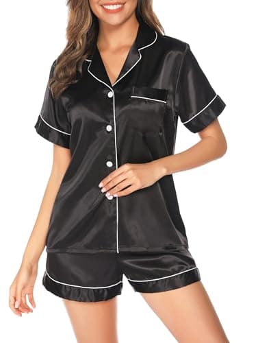 Image of Lovasy Silk Pyjamas for Women Satin Pyjama Set Button Down Ladies Pajamas Classic Short Pjs Sets,Black,M