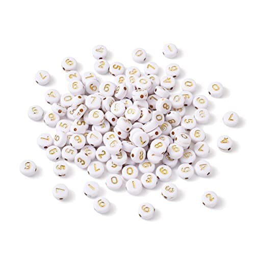 Image of Cheriswelry 340pcs White Gold Acrylic Number 0-9 Beads 7mm Flat Round Disc Coin Number Spacer Beads for Anniversaries Message Bracelet Necklace Jewellery Making