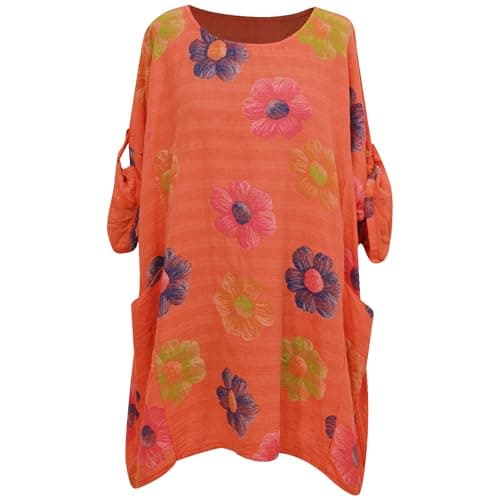 Image of Storm Island® Women Italian Top Floral Print Cotton Summer Dress Tunic Top Plus Size Dress for Women Round Neck Pullover Summer Shirt for Girls UK Size 12-22 Orange