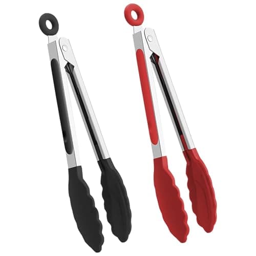 Image of 2 Piece Kitchen Tongs Set | Silicone Kitchen Tongs for Grilling, Cooking and Serving | Heat Resistant Kitchen Tong for Non-Stick Pans | BPA Free Stainless Steel Kitchen Utensils - Black & Red