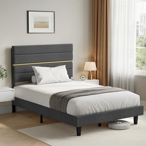Image of VASAGLE Small Double Bed Frame, for 120 x 190 cm Mattress, Adjustable Upholstered Headboard, Metal Frame, Wooden Slats, Modern, Slate Grey RMB500GN01