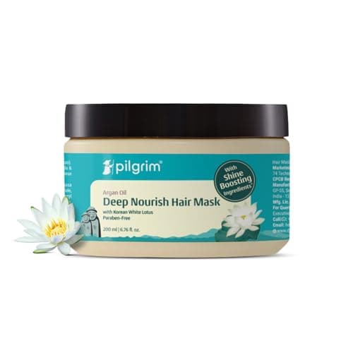 Image of Pilgrim Korean Argan Oil Hair Mask for Dry & Frizzy Hair with White Lotus and Camellia Hair Mask for Smoothening Hair, Deep Conditioning and Hair Fall Control for Men & Women 200Ml, 1 Count