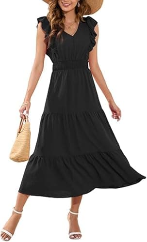 Image of MAYFASEY Casual Summer Maxi Dress Ruffle Sleeve Elastic Waist Tiered Midi Dress V Neck A-Line Beach Holiday Flowy Long Dresses, Black, L