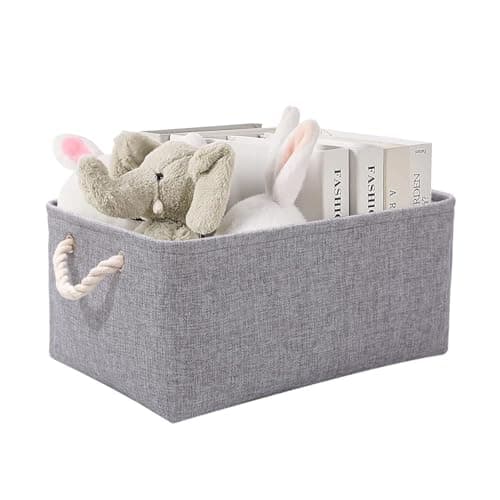 Image of June Tech Fabric Grey Storage Boxes with Handles - Small Canvas Storage Basket for Cupboards, Shelves, Toys, Clothes, Office