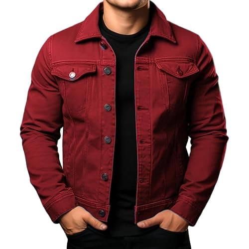 Image of Men's Casual Classic Denim Jacket Slim Fit Fashion Jean Coat Button Down Long Sleeve Jean Trucker Jacket, red, M