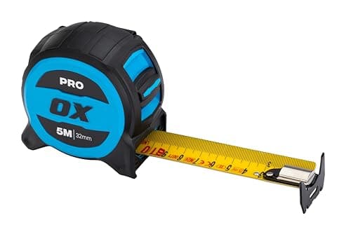 Image of OX Pro 5m/16ft Tuff Blade Tape Measure Metric Only, Heavy Duty Nylon Coated 32mm Wide Blade, Magnetic Dual Hook, 4m standout & 4.5m reach