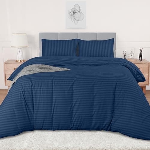 Image of Utopia Bedding Double Striped Navy Print Duvet Cover Set - Soft Microfibre Polyester - Bedding Quilt Cover Set