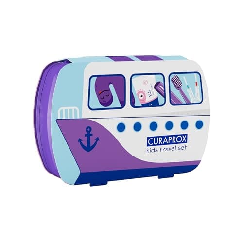 Image of Curaprox Kids Travel Set – Toothbrush, Toothpaste & Interdental Brushes | Ultra-Soft Curen® Filaments | Compact Travel Set for Children (Purple) | Made in Switzerland