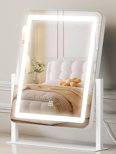 Image of MUIRYN Vanity Mirror with Lights 31 x 37 cm, Dimmable Dressing Table Mirror with 3 Color Modes, 10x Magnifying Mirror, USB-C Powered, 180° Rotation, LED Makeup Mirror for Bedroom, White