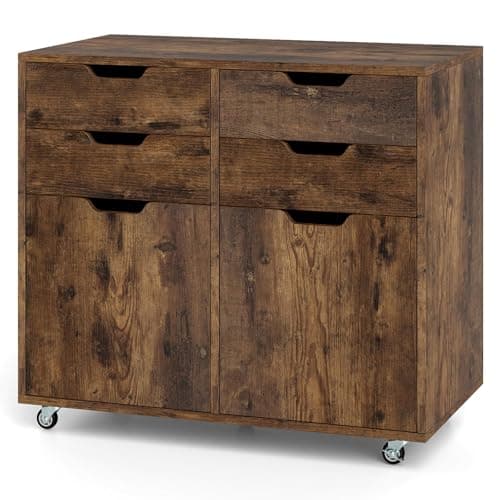 Image of COSTWAY Mobile File Cabinet, 4/5 Drawers Lateral Stationery Storage Organiser Chest with Wheels and 1/2 Doors, Home Office Printer Stand Side Filing Cupboard (Rustic Brown, 73 x 40 x 64cm)