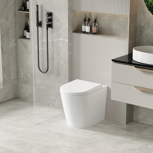 Image of Robanmoa Modern Back to Wall Toilet Concealed Cistern Bathroom Toilets White Ceramic BTW Short Projection WC Pan Quick Release Soft Close Seat Hidden Tank Round Compact Toilet