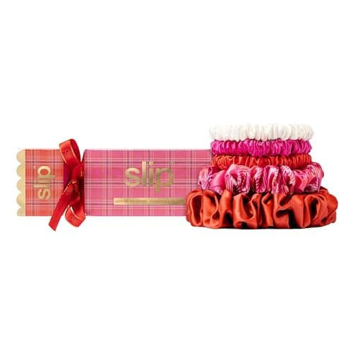 Image of slip Scrunchies in Holiday Cracker Packaging - Anti-Crease, Anti-Breakage Slipsilk Design Protects Delicate Hair | Includes 5 Assorted Pure Silk Scrunchies, Scarlet
