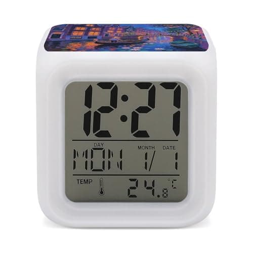 Image of FodPand Amsterdam Canal Lights Alarm Clock NightLight Alarm Clock with 7 Color Changing Night Light Smart Digital Clocks Temperature Date for Heavy Sleepers Simple Operation Easy to Use