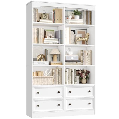 Image of FirFurd Bookcase 180cm Tall Bookshelf with Drawers Living Room Bookcase 8 Open Compartments Free Standing Display Shelf Tall Shelving Unit for Home Office 180x100x30cm White