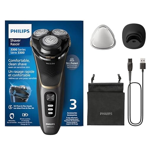 Image of Philips Electric Shaver 3000 Series - Wet & Dry Electric Shaver for Men with SkinProtect Technology in Deep Black, Pop-up Beard Trimmer, Charging Stand, Travel Pouch (Model S3342/13)