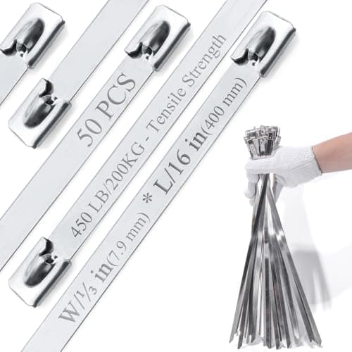 Image of Metal Cable Ties, 304 Stainless Steel Zip Ties，(50Pcs) 450LB Heavy Duty (2X Stronger), Heat Resistant for Exhaust Wrap/Fencing/Pipes/Auto Repair, Replace Metal Wires. L/15.8" (400mm), W/0.31" (7.9mm).