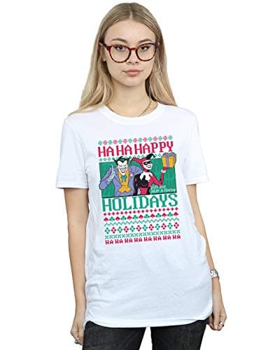 Image of DC Comics Women's Joker and Harley Quinn Ha Ha Happy Holidays Boyfriend Fit T-Shirt White Small
