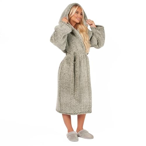 Image of Brentfords Dressing Gown Womens Teddy Marl, Mothers Day Gifts Bathrobe with Hood & Pockets Soft Warm Comfy Luxury Oversized Fluffy Mens Dressing Gowns, Green One Size