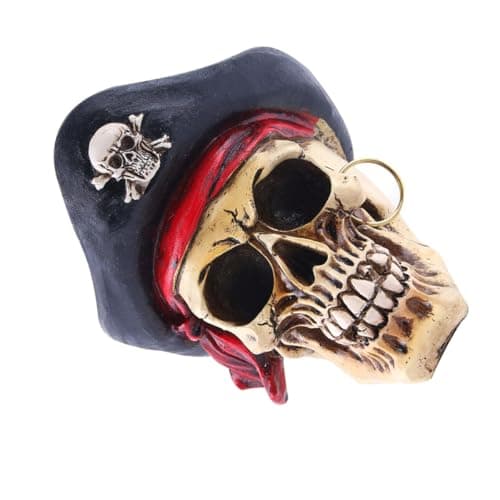 Image of FESTFENDS Not Easy to Deform Or Fade Pirate Skull Ornament Resin Sculpture with Unique Cracked Grain Design Halloween Decoration for Office Or Home Tabletop