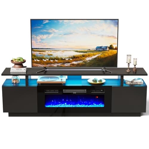 Image of INMOZATA Electric Fire Insert TV Stand, 180cm Media Console Storage Table & 92cm Electric Fireplace with Remote Control, 12 LED Backlight, 12 Flame Colors, Adjustable Temperature, 900W&1800W-Black