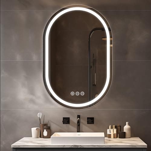 Image of Ratsamee Oval LED Bathroom Mirror with Lights–600x900mm 3 Colour Illuminated Bathroom Mirror with LED Lights, Wall Mounted Light up Vanity Mirror for Makeup, Anti-Fog, Dimmable, IP44, Tempered Glass