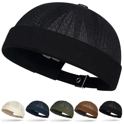 Image of Initlove Docker Hat for Mens Mesh Beanie Cap Breathable Brimless Sailor Hat Black