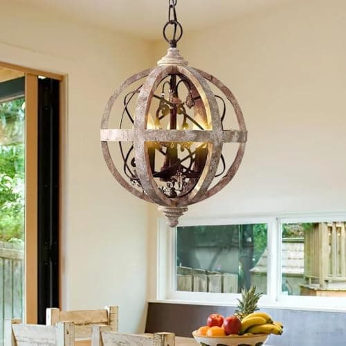Image of Homary Retro Rustic 3-Light Chandelier - Adjustable Industrial Ceiling Light with Weathered Wood, Metal Orb & Crystal Accents for Kitchen Island, Dining Room & Bedroom