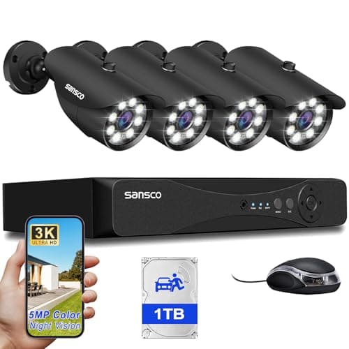 Image of SANSCO 3K Color Night Vision, Full Metal Housing, 8CH Outdoor CCTV Camera System, 8 Channel DVR with 1TB Hard Drive 24/7 Recording, 4 x 5MP Bullet Security Camera, Human/Face/Vehicle Detection, P2P