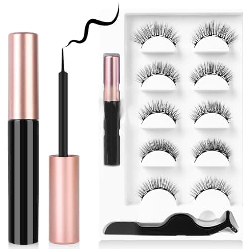 Image of Magnetic False Eyelash 5 Pairs Reusable Thick, Faux Mink Fake Eyelashes, Natural Look 3D Curly Lashes Kit