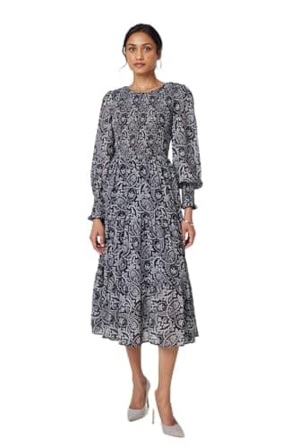 Image of Izabel London Paisley Long Puff Sleeve Midi Smock Dress for Women UK with a Shirred Bodice and a Tiered Skirt.