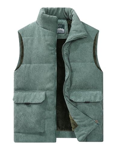 Image of Sukany Men's Winter Warm Vest Sherpa Fleece Lined Waistcoat Zip Up Sleeveless Corduroy Jacket Stand Collar Padded Puffer Thermal Outerwear Green M