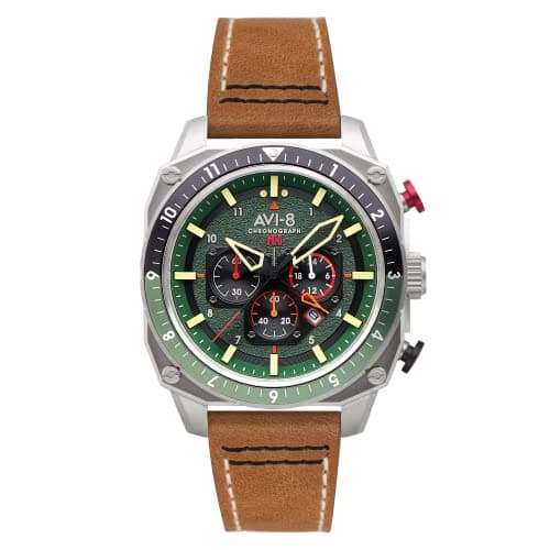 Image of AVI-8 Hawker Hunter Men's Japanese Quartz 43mm Green Dial Watch with Leather Strap AV-4100-01
