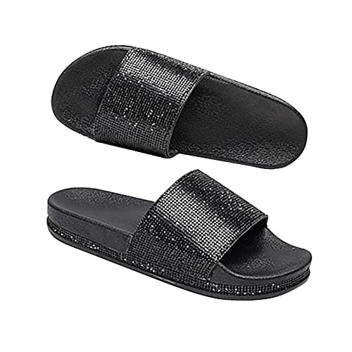 Image of Momolaa Clearance UK Size 5 Womens Slip on Glitter Diamante Holiday Summer Open Back Mule Sliders Sandals Flip Flop Beach Inddor Outdoor Slippers Sandles Full Black