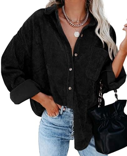 Image of QIXING Womens Corduroy Oversized Shacket Button Down Boyfriend Shirts V Neck Cotton Long Sleeve Blouses with Pocket Casual Work Jacket for Women UK Ladies Tops Autumn Winter (Black, XL)