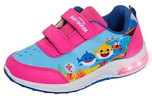 Image of Girls Baby Shark Light Up Trainers Kids Easy Fasten Flashing Lights Sports Shoes Pink 13 UK Child/EU 32