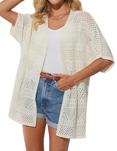 Image of GRACE KARIN Women Casual Batwing Sleeve Crochet Boho Cardigans for Women Summer V Neck Open Front Kimono Cardigans Vacation Sweaters White XL
