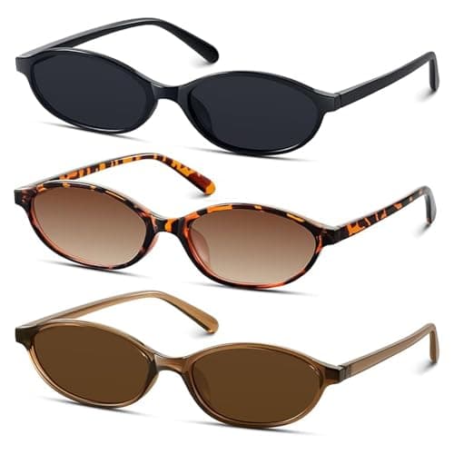 Image of MXGHIR Oval Sunglasses, 3 PCS Cat Eye Retro Sunglasses 90s Narrow Small Face Vintage Sun Glasses for Women, UV400 (Black, Brown, Leopard Print)