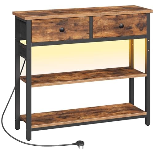 Image of HOOBRO Console Table with Charging Station, 2 Drawers and LED Light, Narrow Hallway Table, Sofa Side Table, Display Stand, Slim Console Table for Hallway, Living Room, Rustic Brown EBF91KDXG01