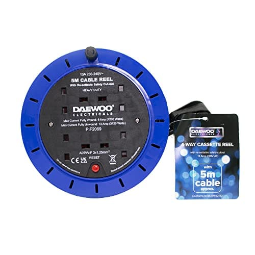 Image of Daewoo Extension Reel, Cassette Reel, 4 Gang, 5 Metre, Black And Blue