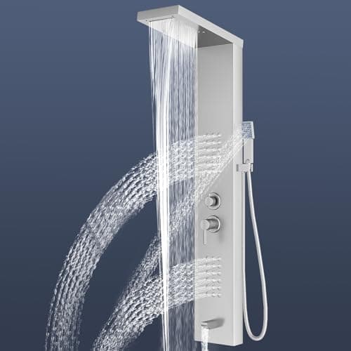 Image of Stainless Steel Shower Panel,5 in 1 Function Column,Manually Controlled Thermostatic Shower Panel Column Tower with Waterfall Rainfall Shower, Massage Jets, Hand Shower, Tub Spout
