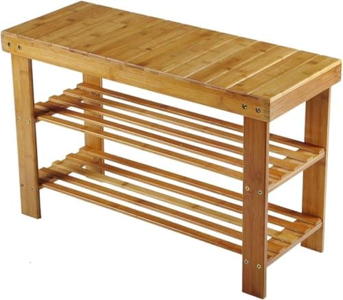 Image of Hossejoy Bamboo Shoe Bench, 3 Tier Shoe Rack Storage Organiser, Shoe Racks Storage Shelf Organizer, Ideal for Entryway, Living Room, Hallway (70 x 28 x 45cm)